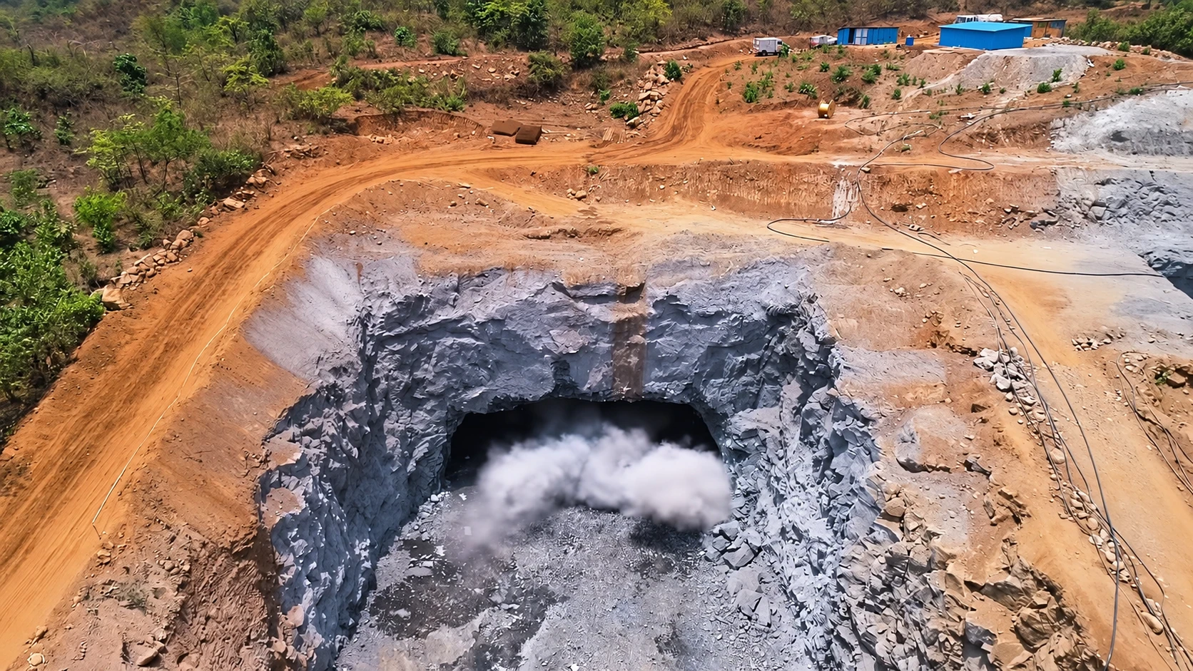 The blast at the tunnel portal, seen from above