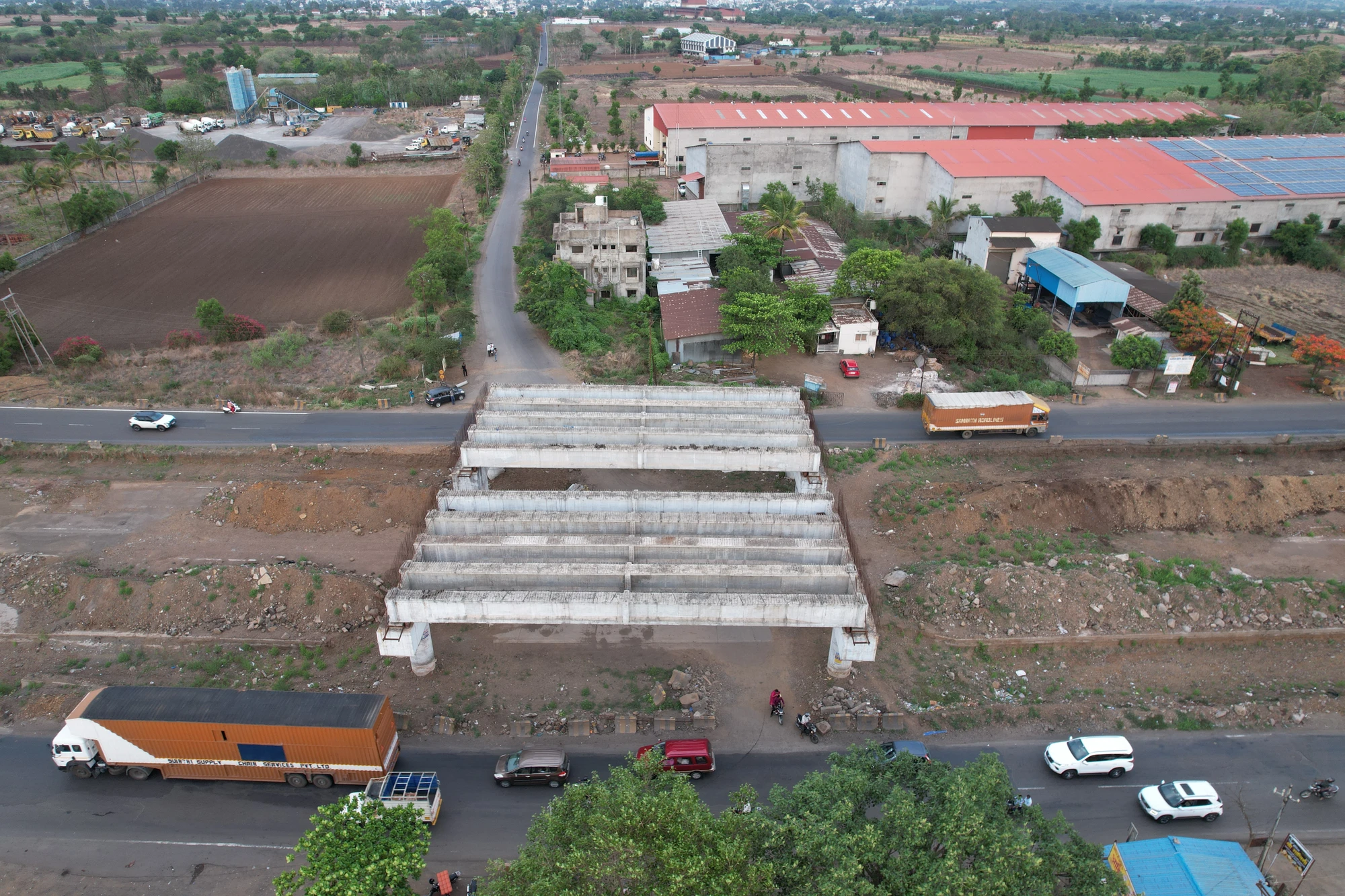 Girders above the road at a junction
