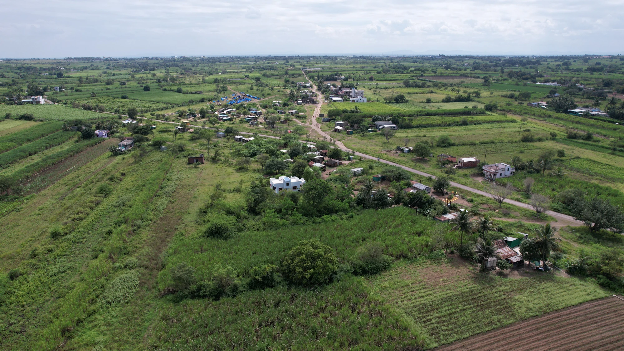 An aerial view across the surrounding farmland