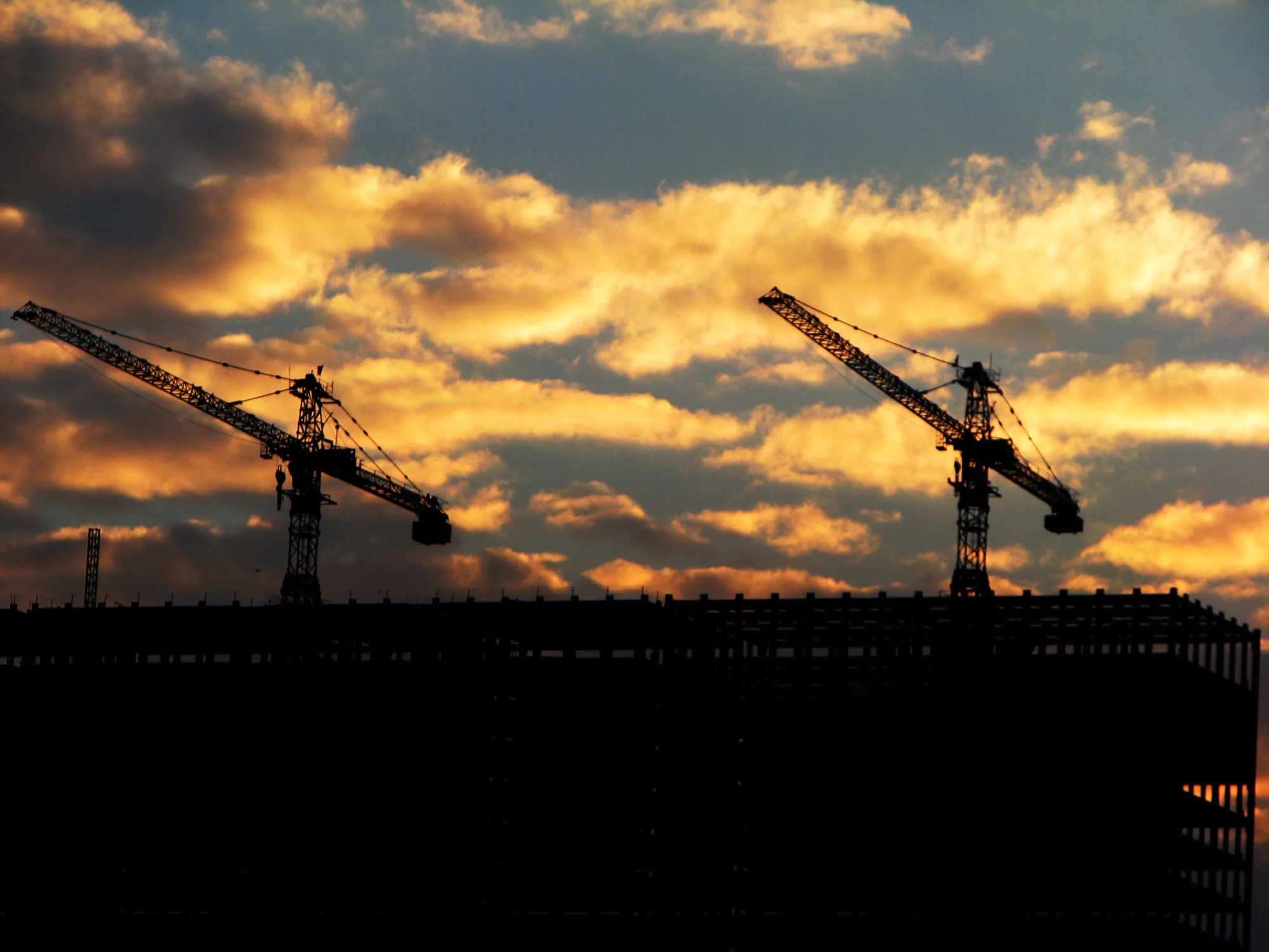 Tower cranes against a sunset sky
